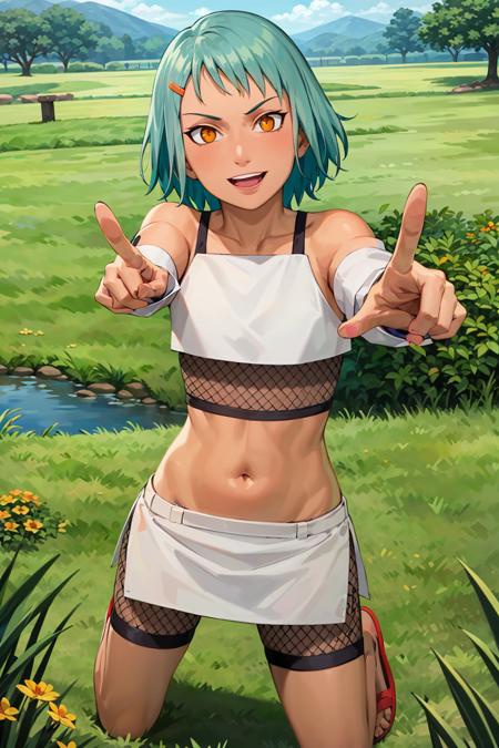 18348-485577204-masterpiece, absurdres ,fuu,hair ornament, hairclip,  1girl, solo, crop top, midriff, navel, fishnets, skirt, smile, sandals, de.png